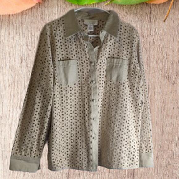 Susan Graver Style NWOT Medium Long sleeve, button, down eyelet top, tan. Work - Picture 1 of 1